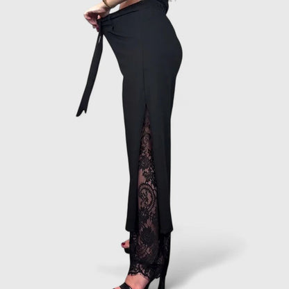 Elegant Black Wide Leg Pants for Women with High Waist Lace Trim Belted Slit Flowing Style