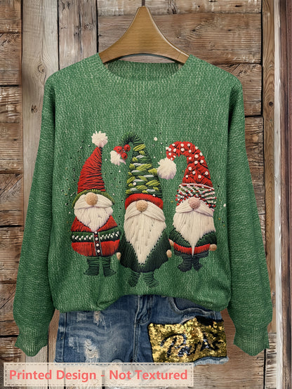 Cozy Embroidered Gnome Print Women's Christmas Sweater with Crew Neck Long Sleeve Oversized Knit Style