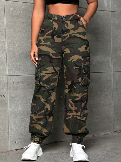 Effortless Military Green Camo Pants for Women with High Waist Cargo Pocket Relaxed Jogger Style