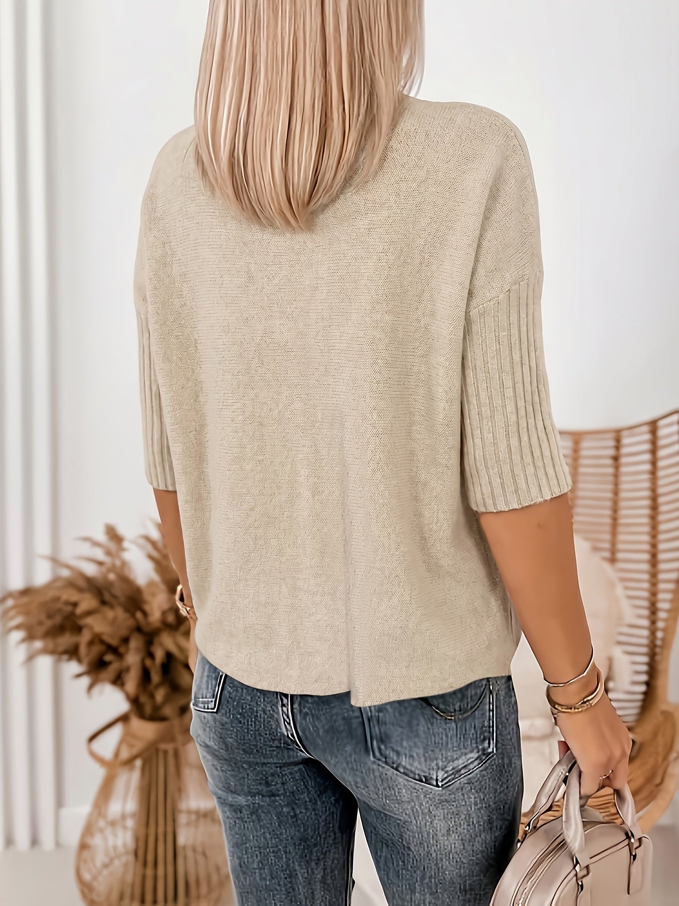 Comfortable Ribbed Knit Sweater for Women with Turtleneck Elbow Sleeve Relaxed Oversized Style