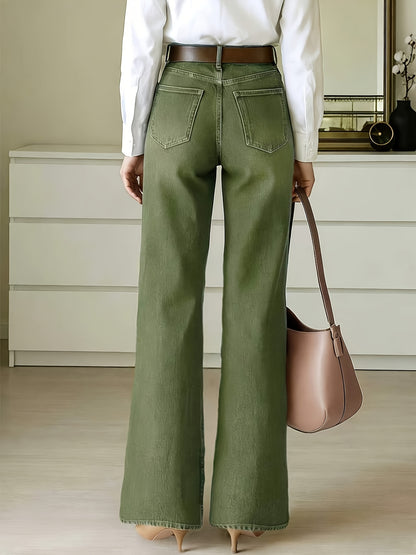 Effortless Fern Green Flare Jeans for Women with High Waist Stretch Wide Leg Style