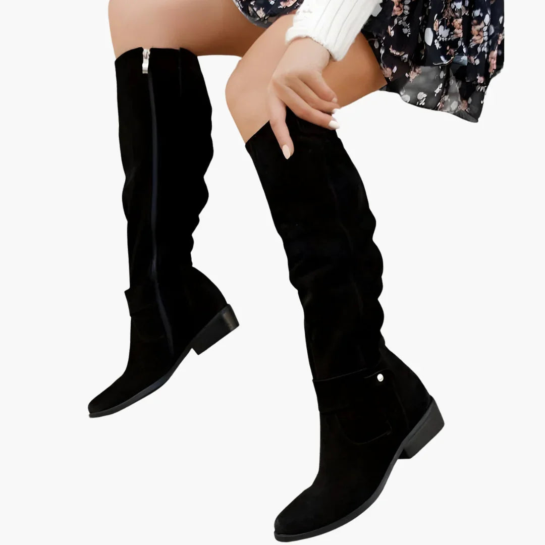 Chic Suede Knee High Boots for Women with Slouchy Shaft Side Zip Buckle Detail Casual Style