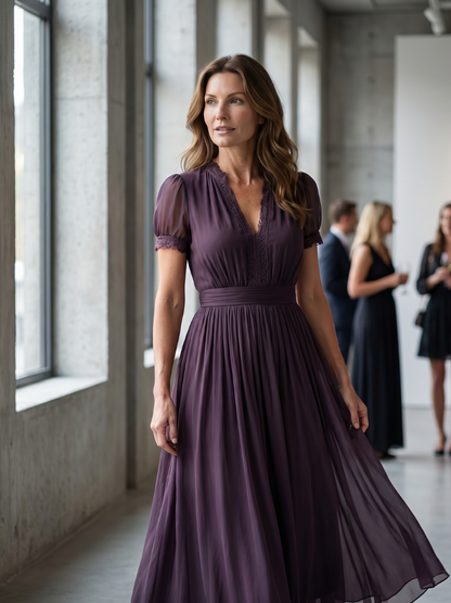 Elegant Purple Maxi Dress for Women with V-Neck Lace Trim Short Sleeve Gathered Waist Wedding Guest Style