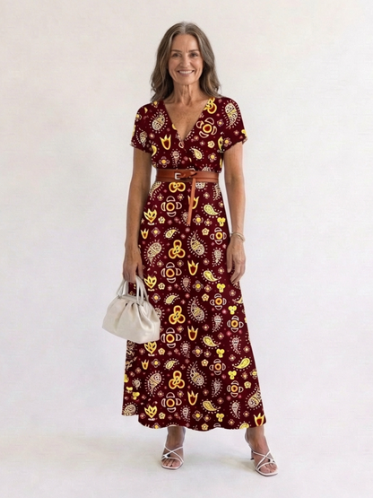 Effortless Floral Mini Dress for Women with V Neck Short Sleeve Belted Flowing Style