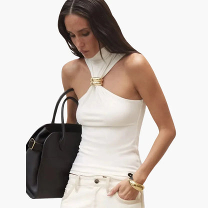 Elegant Halter Top for Women with Mock Neck Sleeveless Gold Ring Cutout Style