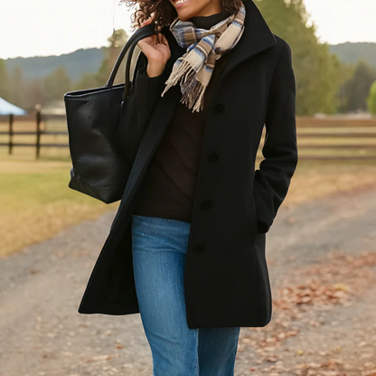Elegant Wool Coat for Women with Notch Collar Long Sleeve Button Front Tailored Style