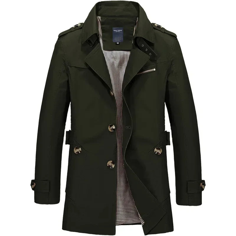 Classic Trench Coat for Men with Notch Lapel Long Sleeve Single Breasted Mid Length Style