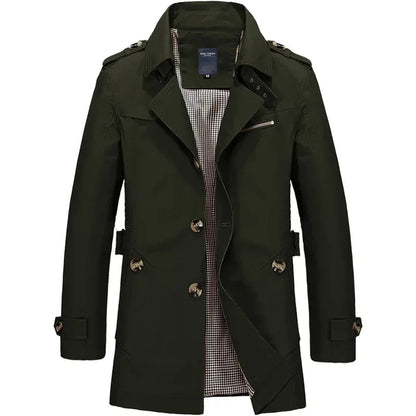 Classic Trench Coat for Men with Notch Lapel Long Sleeve Single Breasted Mid Length Style