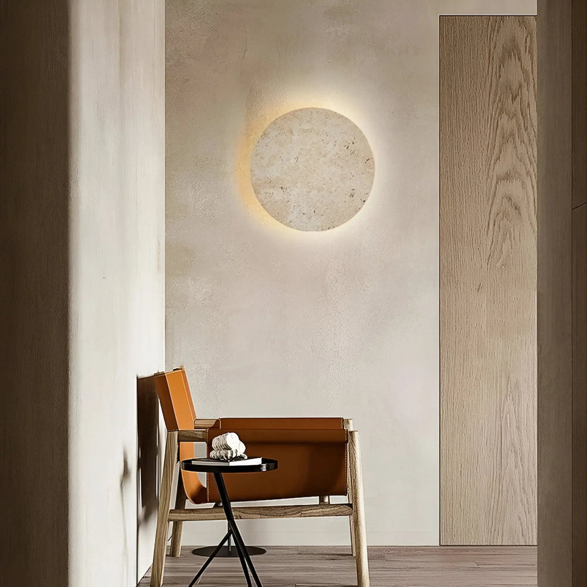 Stone Wall Lamp Round Travertine Backlit LED Minimalist Indoor Sconce Wall Light