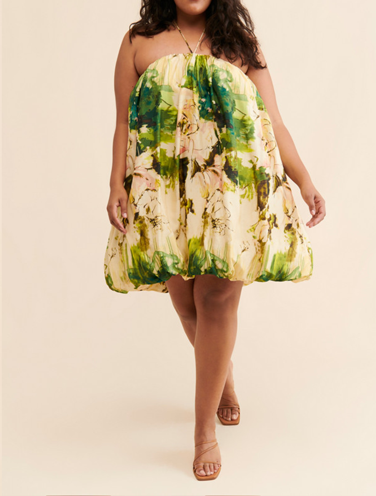 Effortless Green Floral Mini Dress for Women with Halter Neck Bubble Hem
