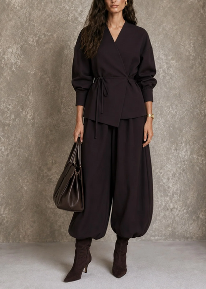 Elegant Dark Brown Two Piece Set for Women with V Neck Wrap Tie Waist Harem Pants Relaxed Style