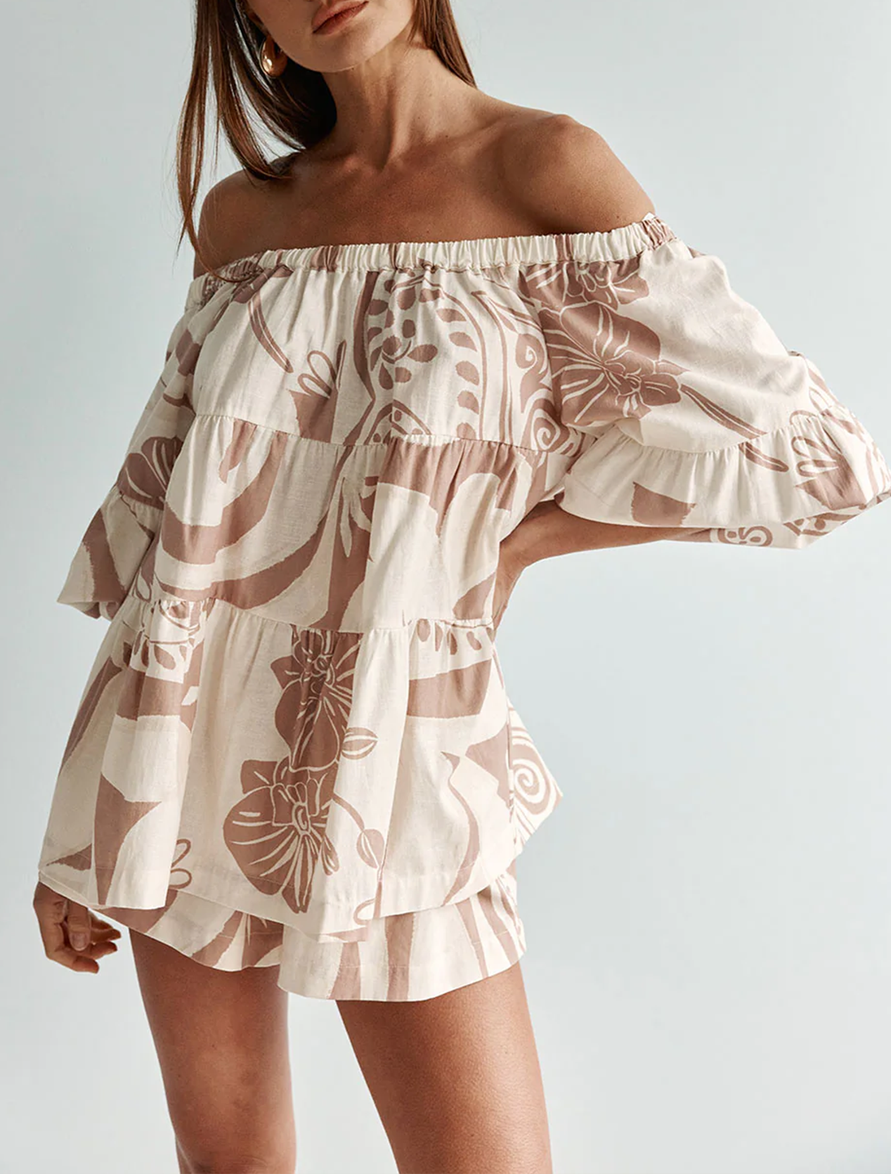Effortless Beige Off Shoulder Matching Set for Women with Tiered Ruffle Floral Print