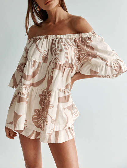 Effortless Beige Off Shoulder Matching Set for Women with Tiered Ruffle Floral Print
