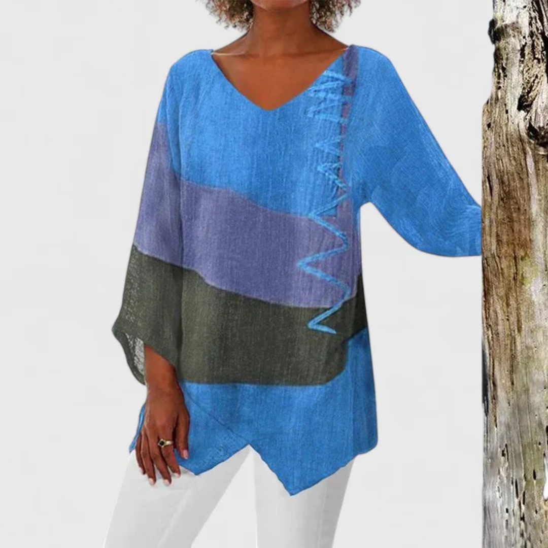 Effortless Colorblock Linen Tunic for Women with V Neck Batwing Sleeve Asymmetric Hem Bohemian Style