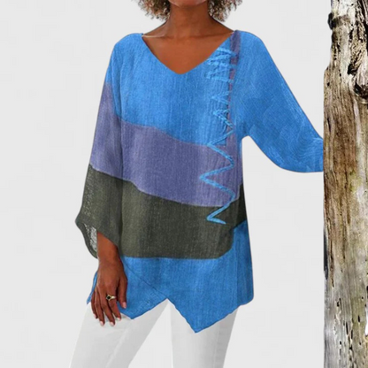 Effortless Colorblock Linen Tunic for Women with V Neck Batwing Sleeve Asymmetric Hem Bohemian Style