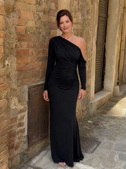 Elegant Black Maxi Dress for Women with One Shoulder Long Sleeve Ruched Fitted Formal Wedding Guest Style