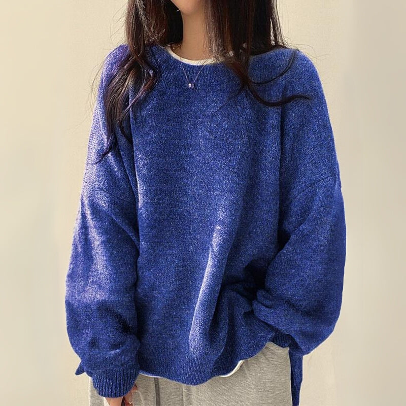 Comfortable Oversized Sweater for Women with Crew Neck Balloon Sleeve Ribbed Cuff Relaxed Knit Style