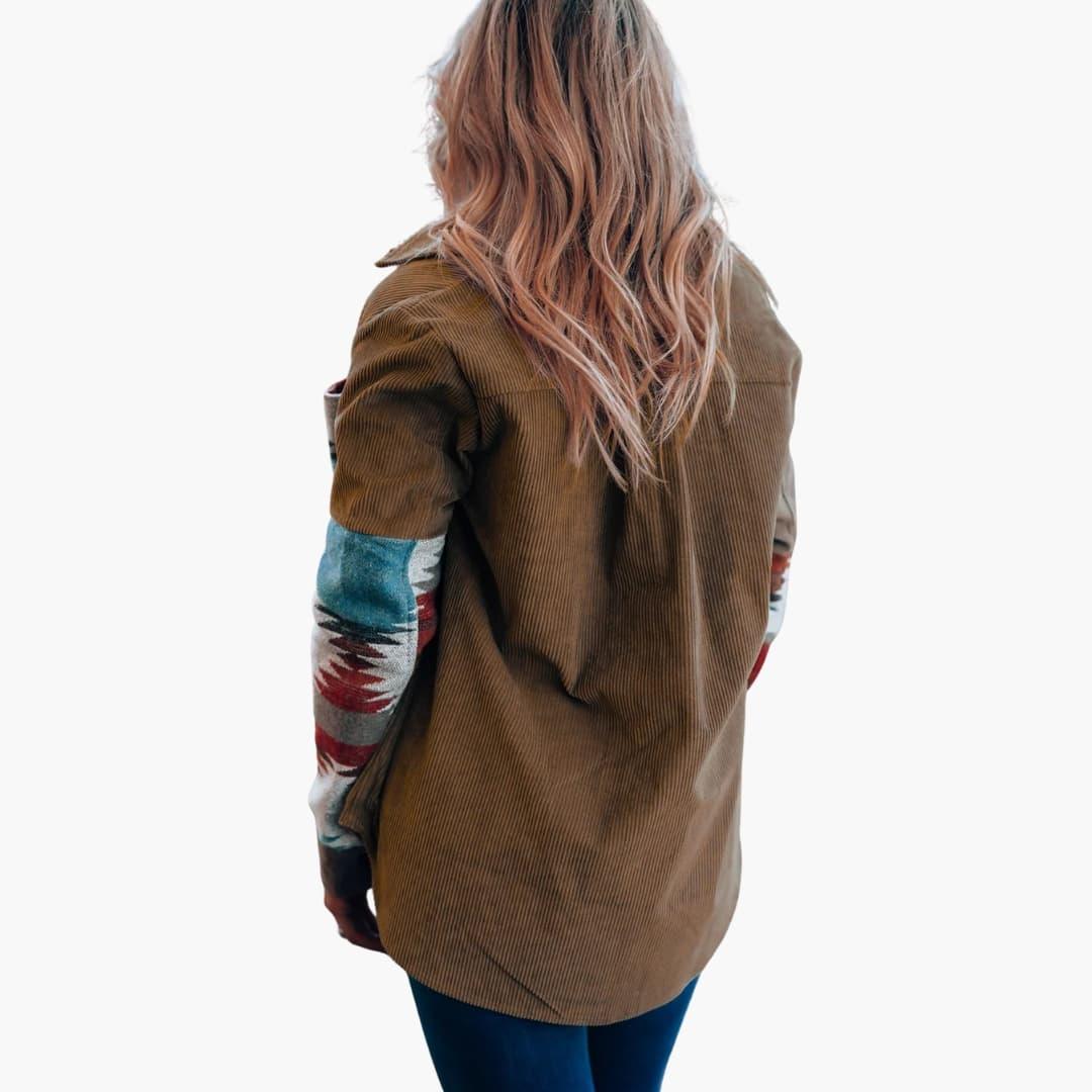 Effortless Brown Corduroy Shacket for Women with Spread Collar Long Sleeve Aztec Panel Oversized Style