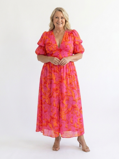 Elegant Pink Orange Floral Fall Wedding Guest Dress for Women with V Neck Puff Sleeve Button Front Flowing Style