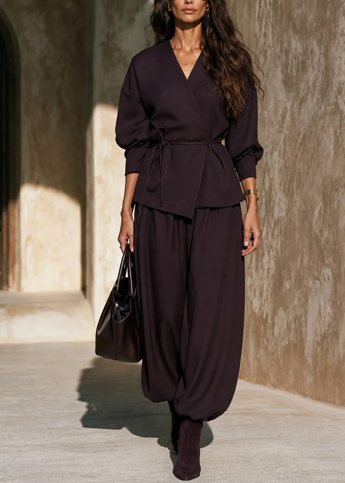 Elegant Dark Brown Two Piece Set for Women with V Neck Wrap Tie Waist Harem Pants Relaxed Style