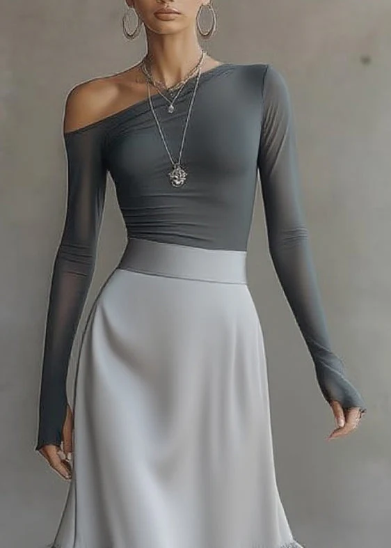 Elegant Grey Off-Shoulder Top and Grey Ruffle-Hem Midi Skirt Set for Women with One Shoulder Long Sleeve Flowy Two Piece Style