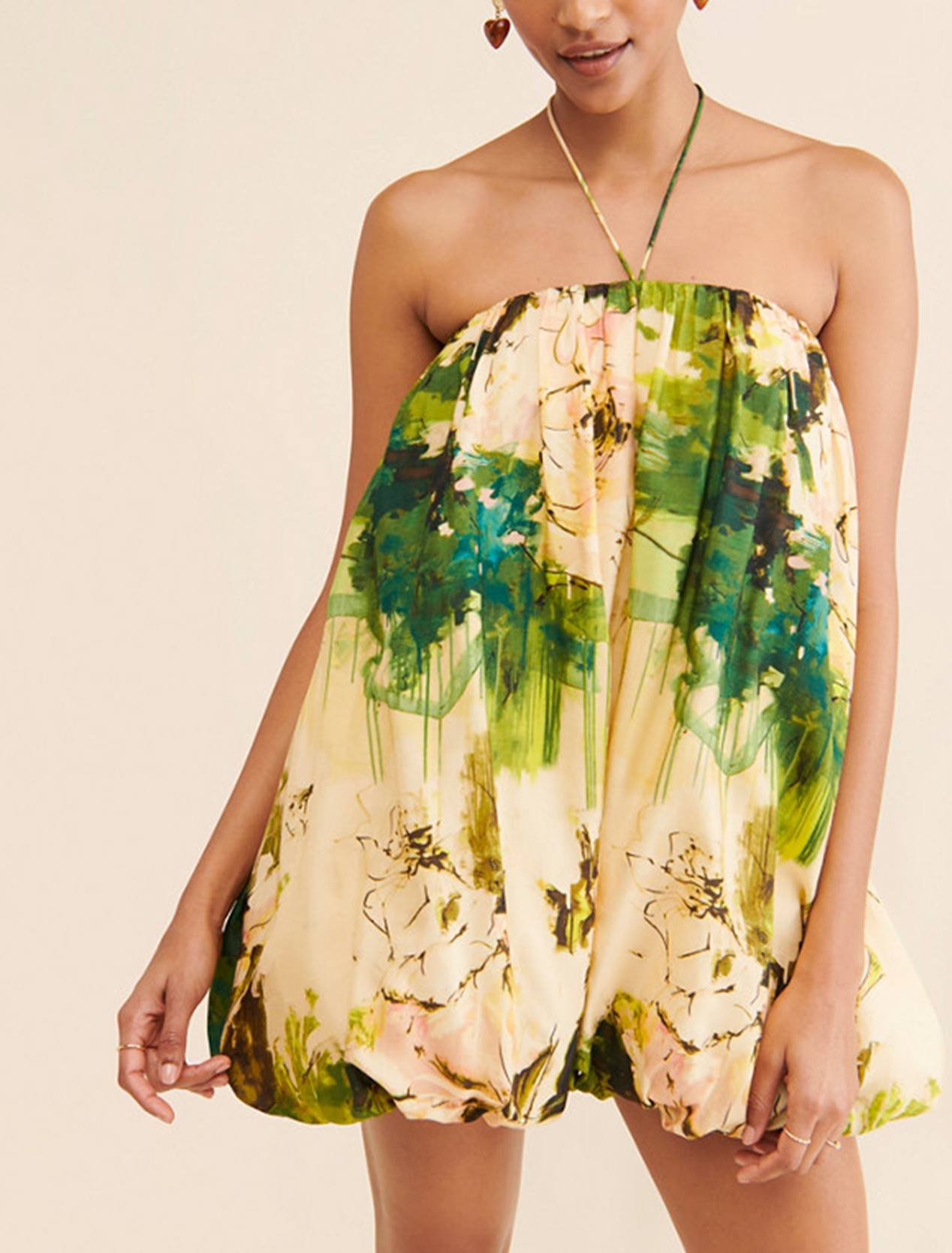 Effortless Green Floral Mini Dress for Women with Halter Neck Bubble Hem