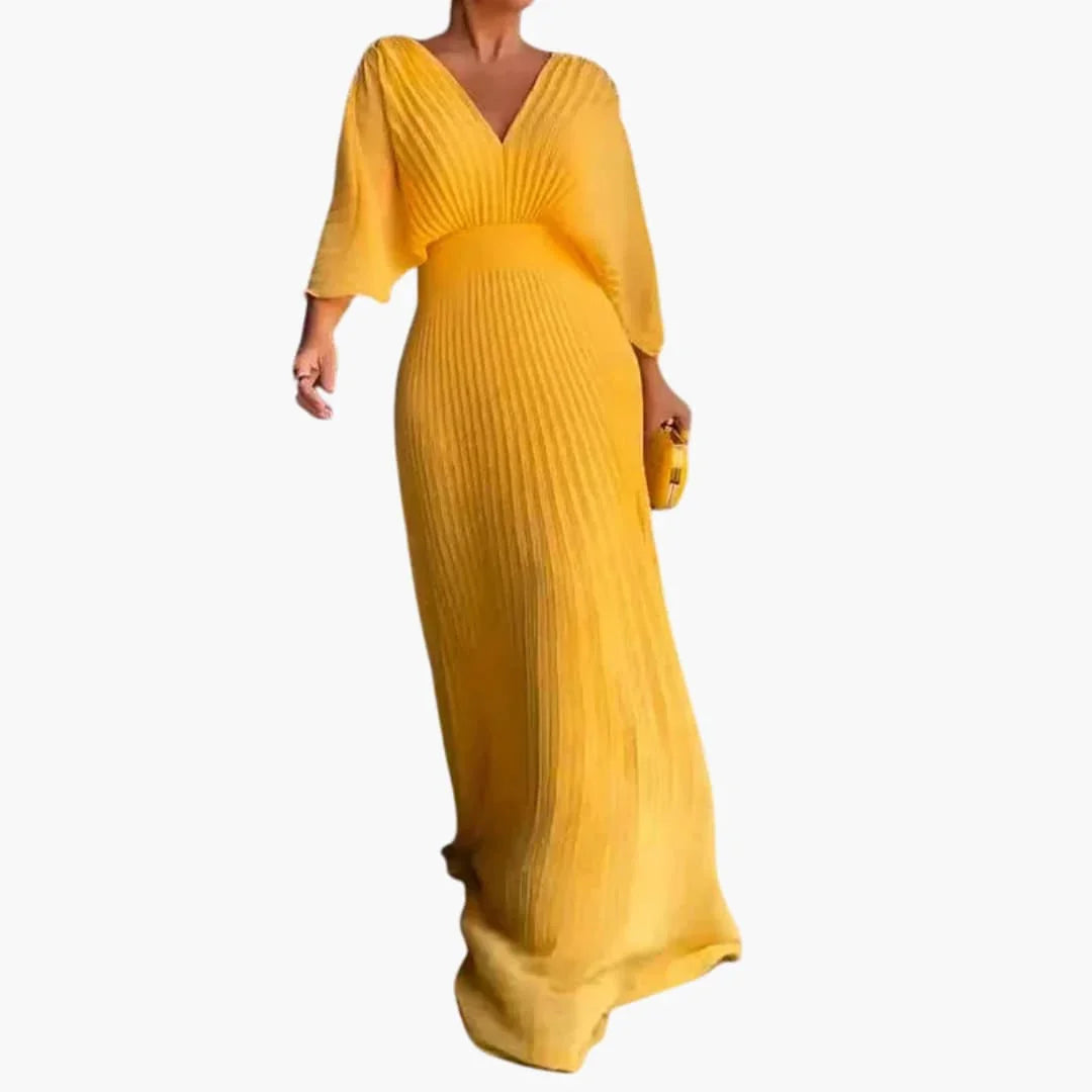 Elegant Pleated Fall Wedding Guest Dress for Women with V Neck Bell Sleeve Maxi Flowing Style