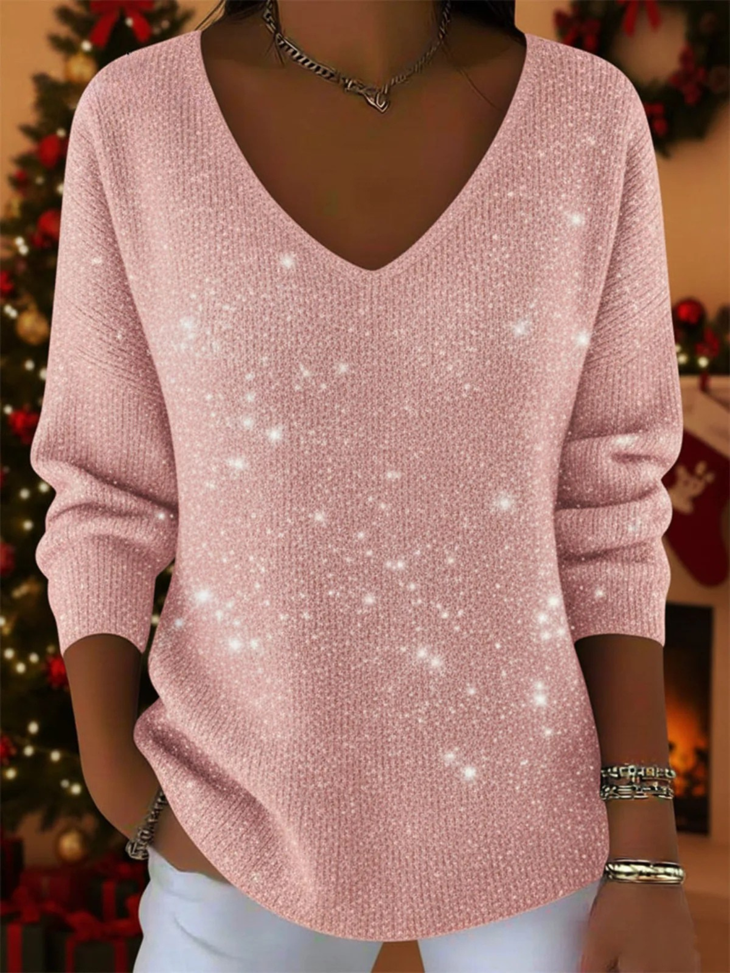 Cozy Women Christmas Sweater with V Neck Long Sleeve Sequin Oversized Knit Style