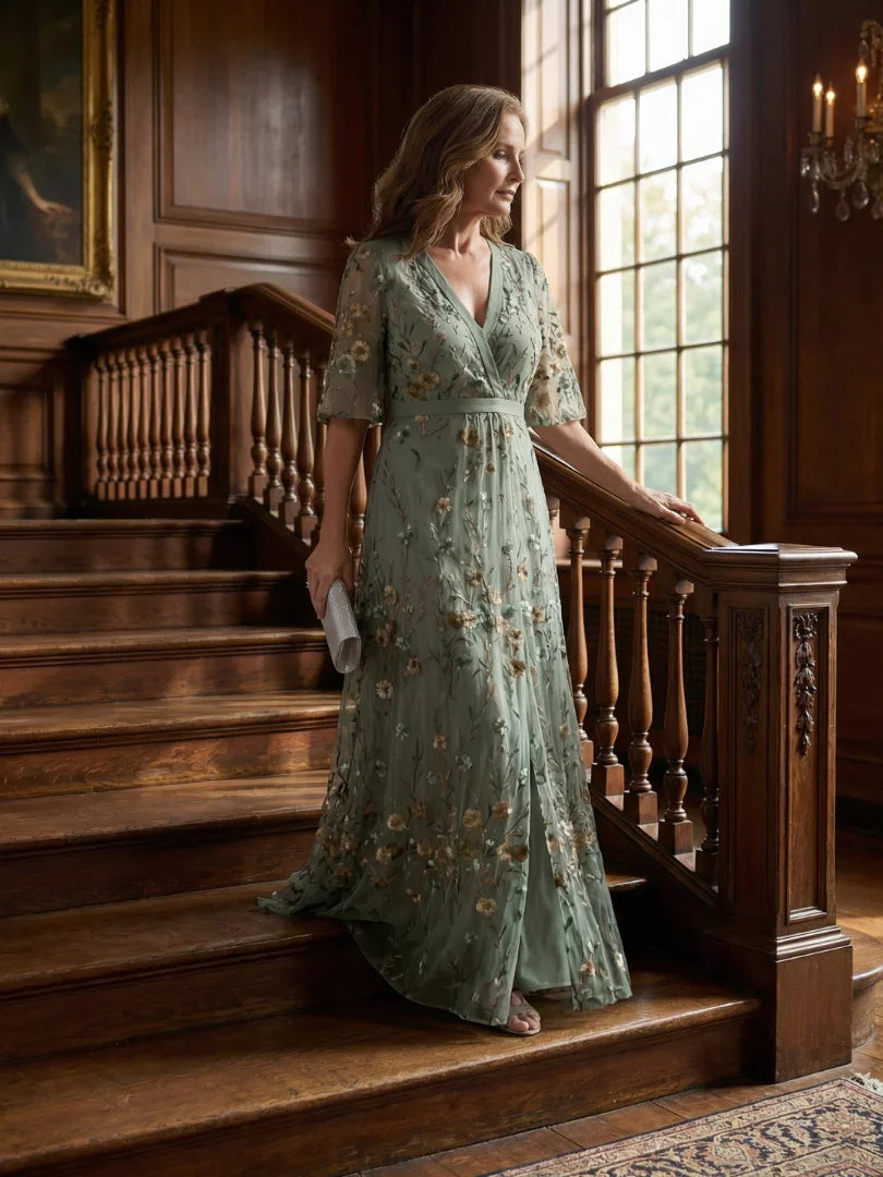 Elegant Sage Green Maxi Dress for Women with V-Neck Flutter Sleeve Floral Embroidered Wedding Guest Style