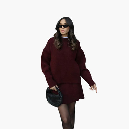 Chic Black Knit Two Piece Set for Women with Crew Neck Sweater High Waist Mini Skirt Lounge Style