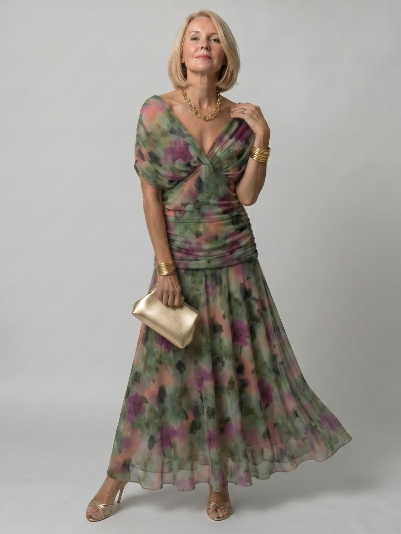 Elegant Purple Dress for Women with V Neck Flutter Sleeve Floral Ruched Maxi Wedding Guest Style