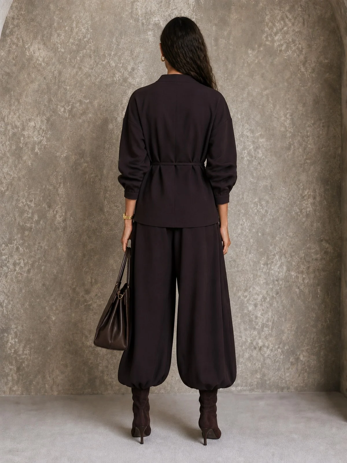 Elegant Dark Brown Two Piece Set for Women with V Neck Wrap Tie Waist Harem Pants Relaxed Style