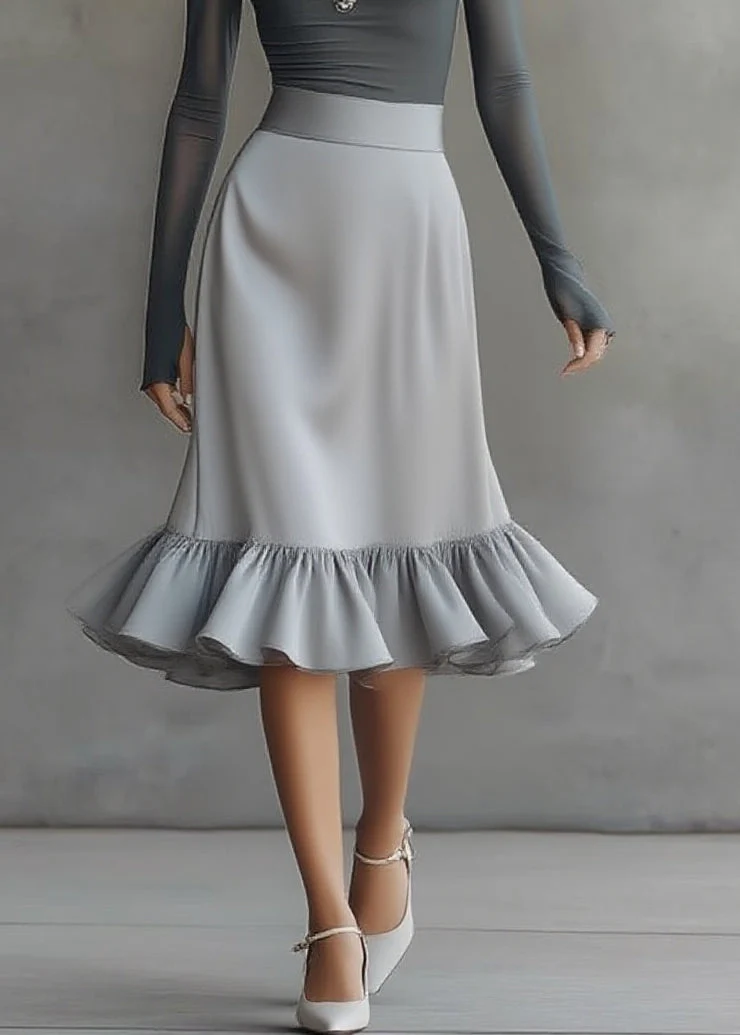 Elegant Grey Off-Shoulder Top and Grey Ruffle-Hem Midi Skirt Set for Women with One Shoulder Long Sleeve Flowy Two Piece Style