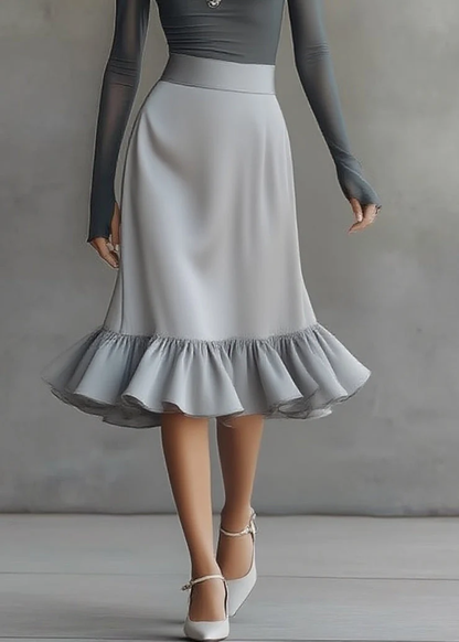 Elegant Grey Off-Shoulder Top and Grey Ruffle-Hem Midi Skirt Set for Women with One Shoulder Long Sleeve Flowy Two Piece Style