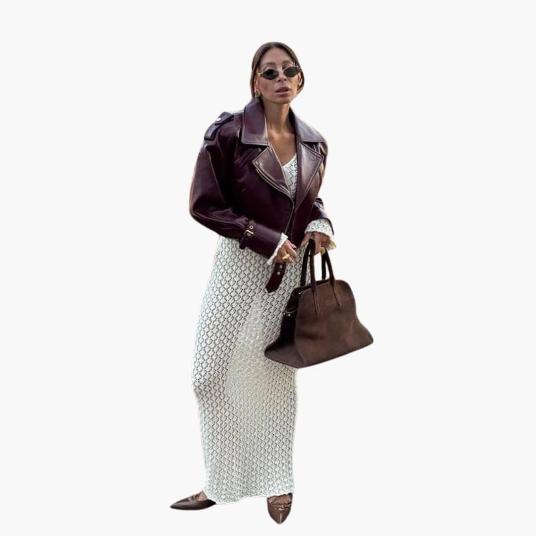 Elegant Brown Leather Jacket for Women with Notch Lapel Long Sleeve Cropped Belted Biker Style