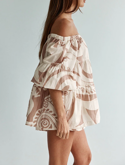 Effortless Beige Off Shoulder Matching Set for Women with Tiered Ruffle Floral Print