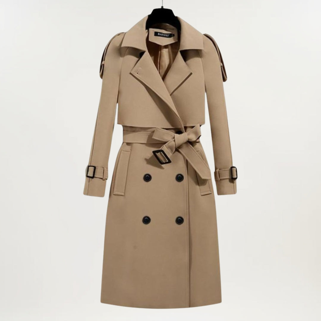 Elegant Longline Trench Coat for Women with Lapel Collar Long Sleeve Belted Double Breasted Style