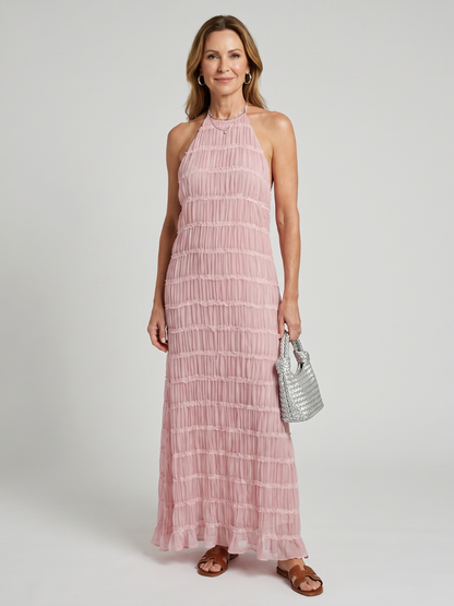 Textured Fringe Elegant Dress for Women with Halter Neck Sleeveless Tiered Maxi Flowing Style