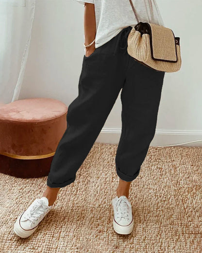 Effortless Linen Tapered Pants for Women with High Waist Drawstring Relaxed Cuffed Hem Casual Style