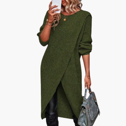 Cozy Grey Sweater Dress for Women with Crew Neck Long Sleeve Knit Wrap Front Tunic Style