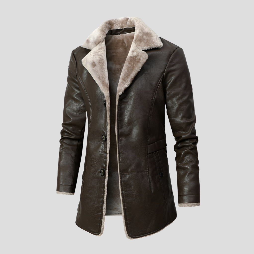 Rugged Faux Leather Trench Coat for Men with Notched Lapel Long Sleeve Button Front Belted Style