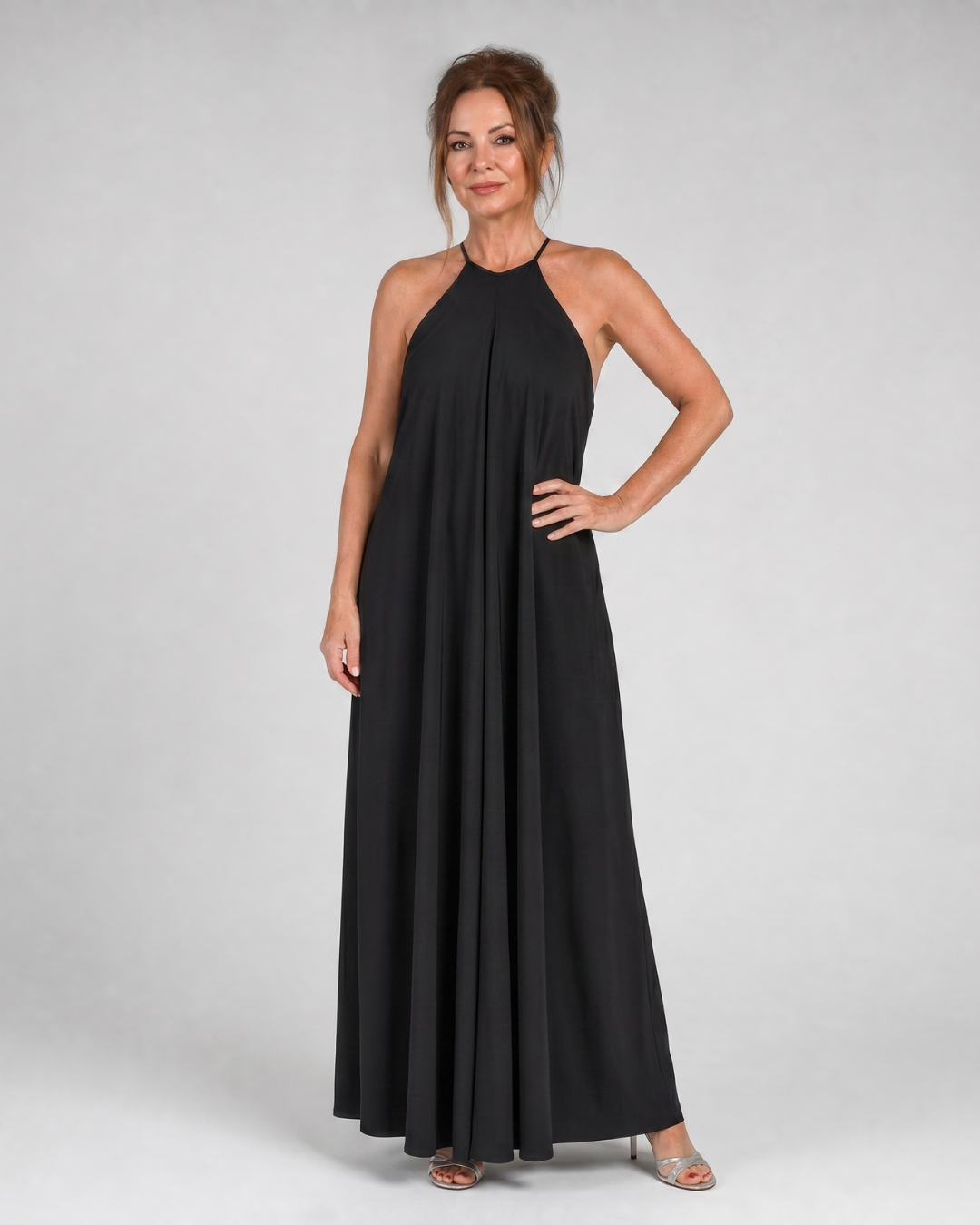 Elegant Navy Cocktail Dress for Women with High Neck Sleeveless Draped Open Back Style