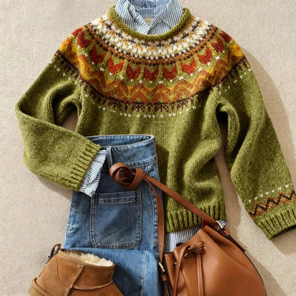 Cozy Green Fair Isle Knit Sweater for Women with Crew Neck Long Sleeve Nordic Pullover Winter Style