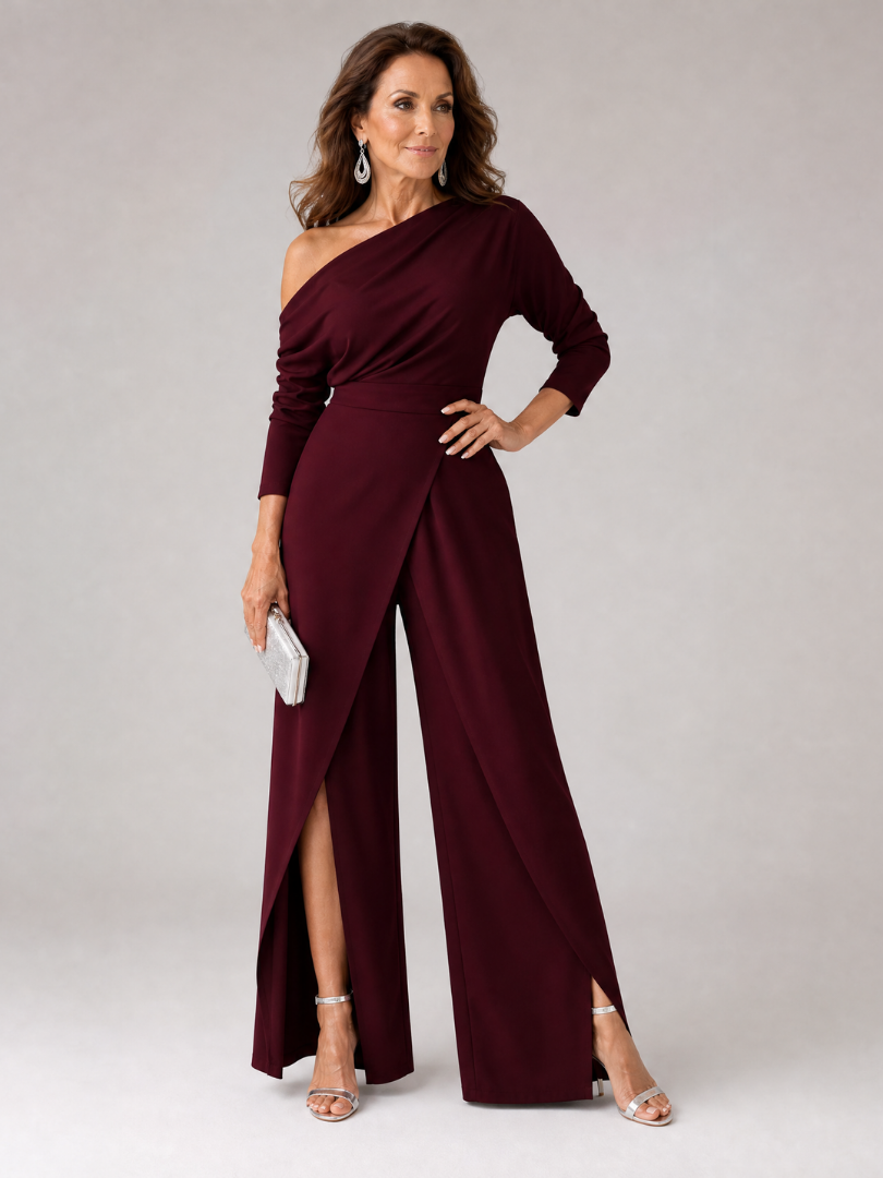 Elegant Wide Leg Jumpsuit for Women with One Shoulder Long Sleeve Draped Waist Formal Wedding Guest Style