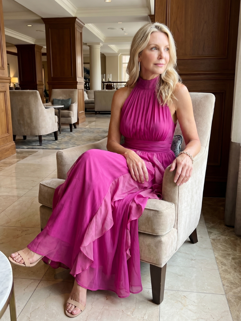 Elegant Pink Chiffon Cocktail Dress for Women with Halter Neck Ruffle Tiered Maxi Formal Wedding Guest Style