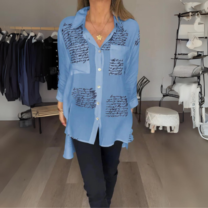 Effortless Script Print Shirt for Women with Collar Long Sleeve Oversized Casual Style