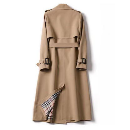 Elegant Trench Coat for Women with Notched Lapel Long Sleeve Belted Double Breasted Style
