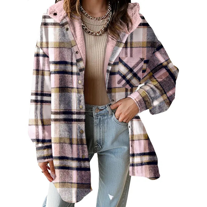 Cozy Plaid Shacket for Women with Hooded Collar Long Sleeve Flannel Button Front Oversized Style