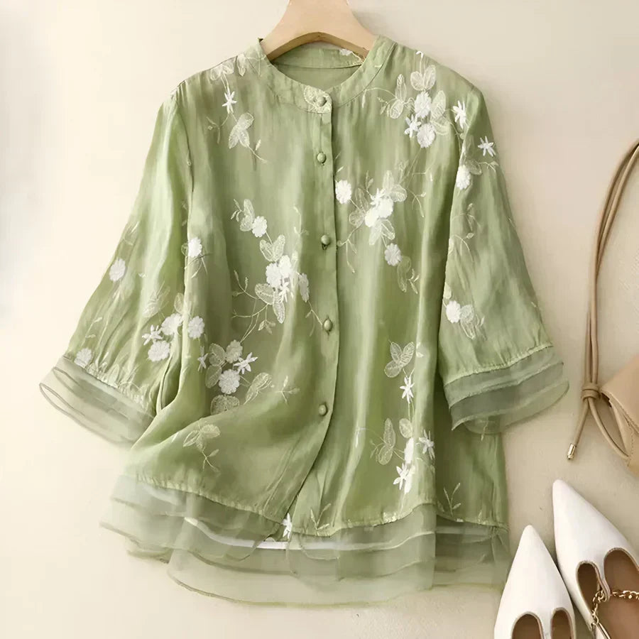 Elegant Floral Embroidered Blouse for Women with Stand Collar Elbow Sleeve Layered Ruffle Hem Style