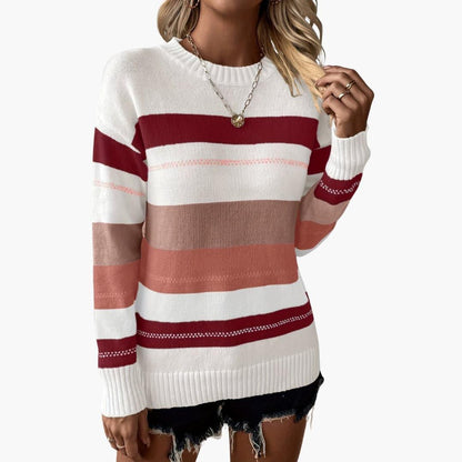 Comfortable Striped Sweater for Women with Crew Neck Long Sleeve Relaxed Oversized Knit Style